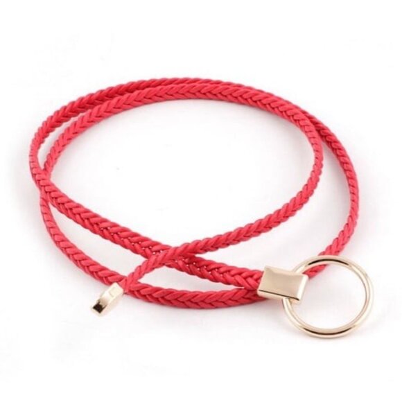 PU Leather Red Braided Skinny Tie Belt - Picture 2 of 4